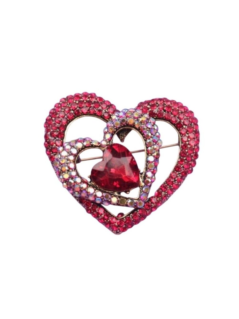 Red & Pink Triple Crystal Heart Pendant / Brooch Gold Tone